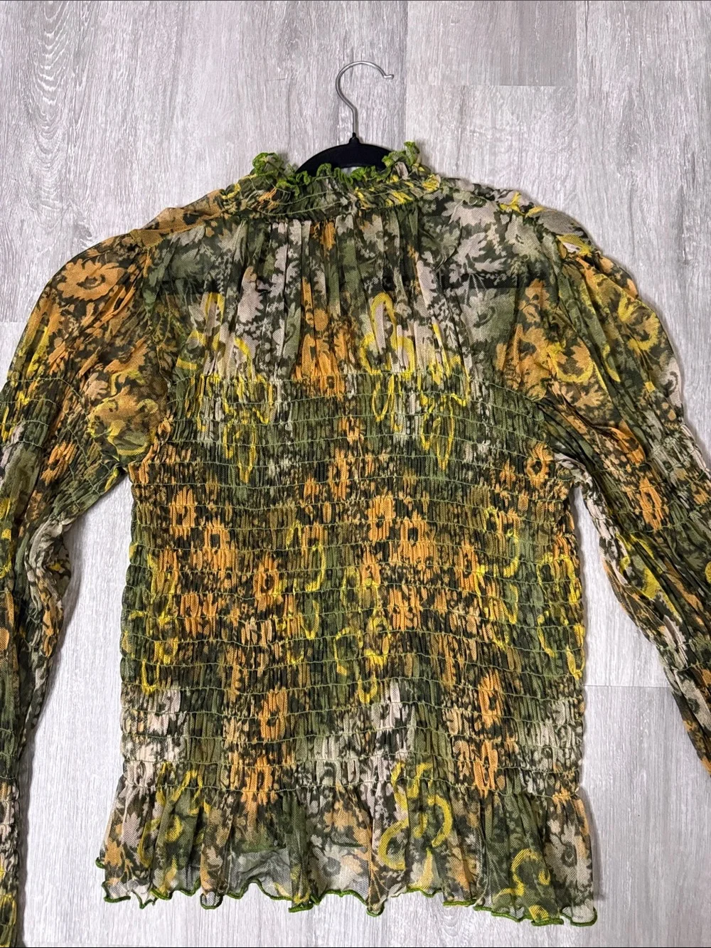 Free People Olive & Mustard Sheer Ruffle-Neck Floral Blouse